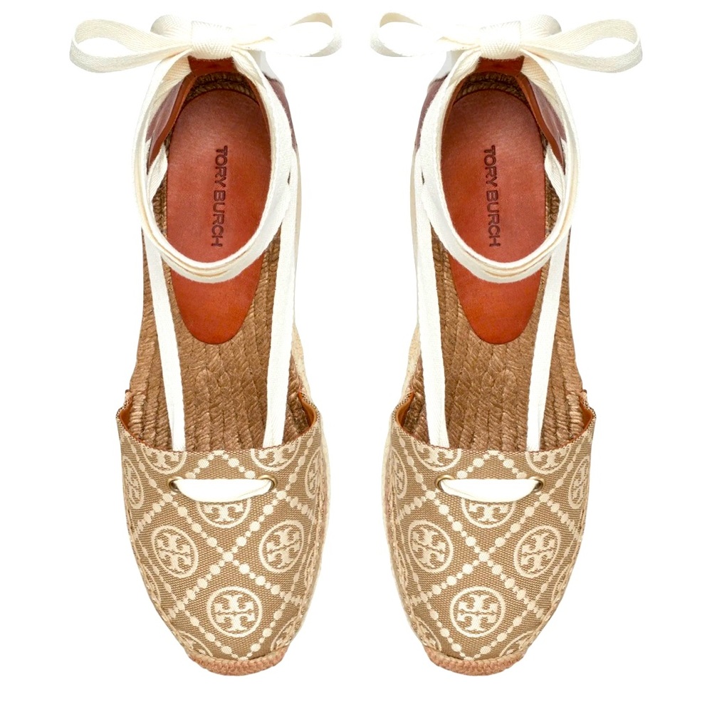 T Monogram Ankle Tie Espadrille Platform Wedge